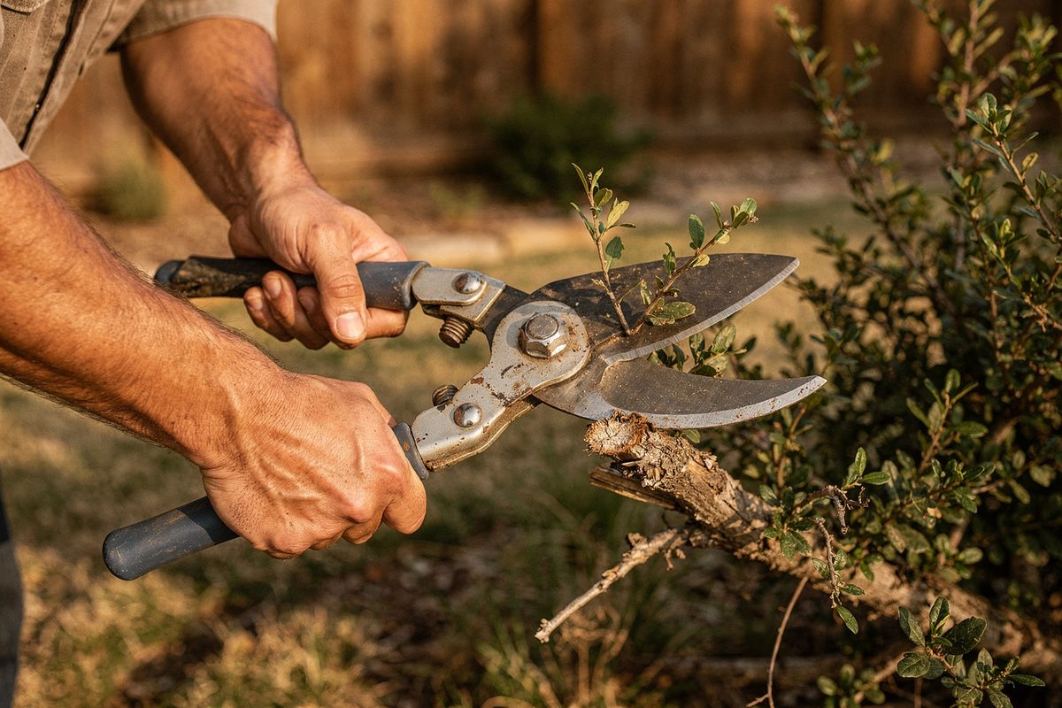 Hands using bypass loppers to prune a shrub branch in a backyard